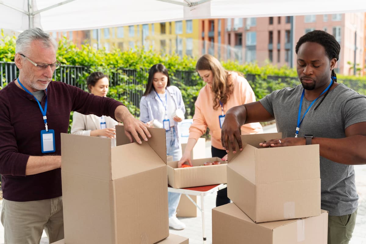 Group of diverse people working together in community setting